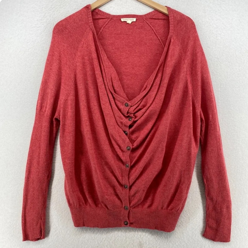 Eileen fisher cardigan petite small NWT cowl neck button up orange red
